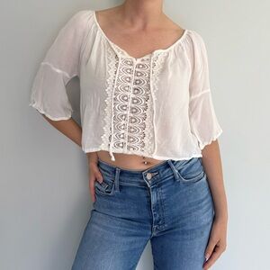 Hollister Lace Gauze Peasant Blouse Cream XS
